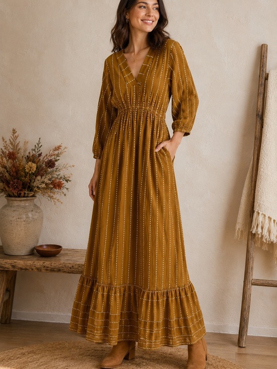 Cost Plus World Market Dresses & Skirts - World Market Mira Tobacco Stripe Boho Kaftan Maxi Dress Pockets Sz S/M